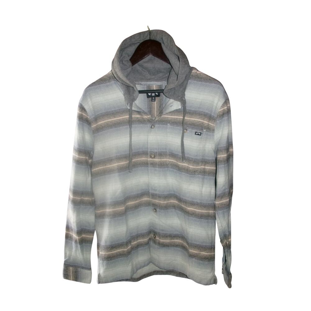 Billabong Mens Hooded Flannel Shirt Jacket Plaid Gray Blue Tan Size M